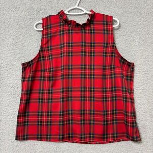 J.Crew Red Plaid Ruffle Neck Bow Blouse XL Sleeveless Holiday Top